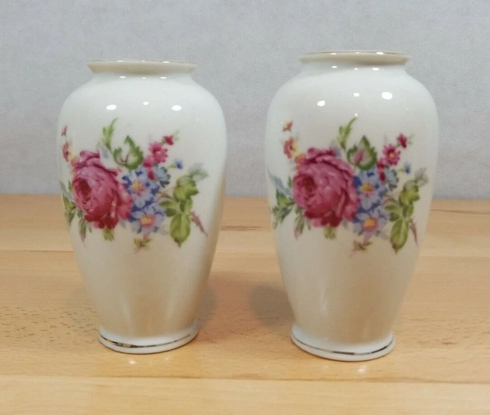 Pair Vintage Collectible Vase Hand Painted Japan Pink Roses 5.25” Romantic